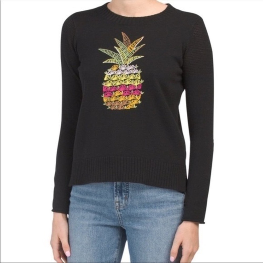 Lisa Todd Black Crewneck Sweater with Multicolor Pineapple Motif
